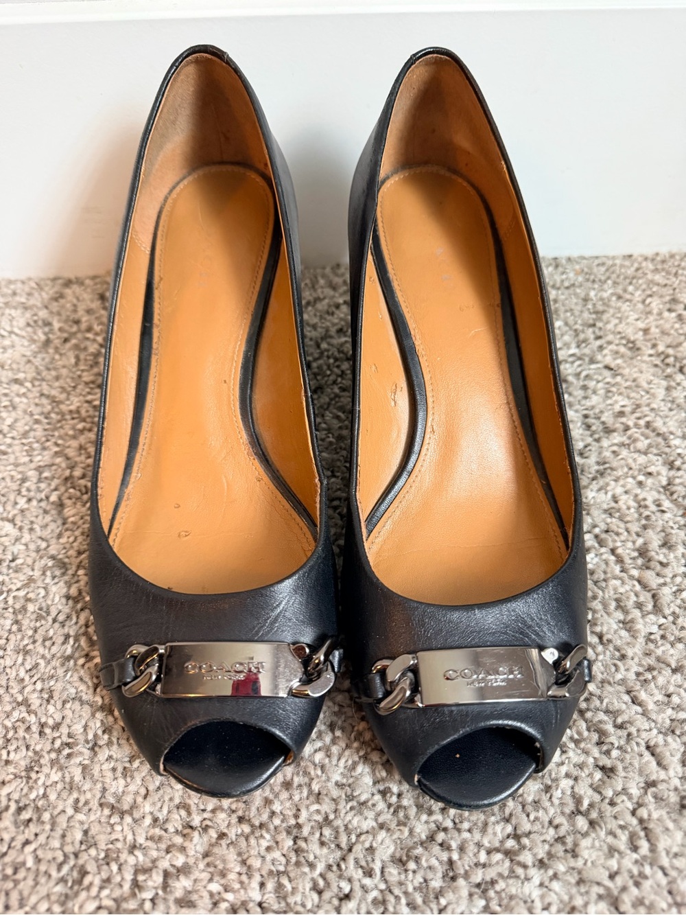 Coach Black Leather Peep-Toe Pumps with Signature Plaque